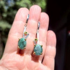 Cushion cut large 9k Emeralds w/crome Diopside sterling V earrings
